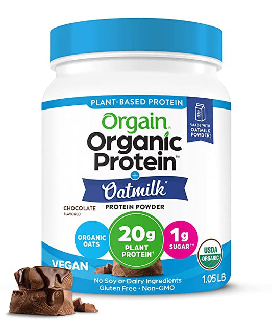 Orgain Vegan Protein Powder + Oatmilk, Chocolate, 20g of Plant Based Protein, 1g of Sugar, Made from Organic Oats, No Dairy or Soy, Non-GMO, 1lb