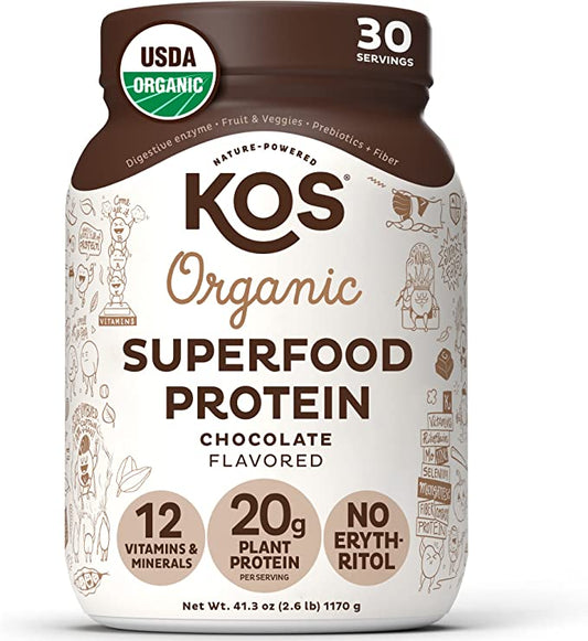 KOS Vegan Protein Powder Erythritol Free, Chocolate - Organic Pea Protein Blend, Plant Based Superfood Rich in Vitamins & Minerals - Keto, Dairy Free - Meal Replacement for Women & Men, 30 Servings